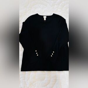 NWT Chicos Sweater Pullover Black Button Sleeve Detail Soft Rayon Top SZ 2 Large